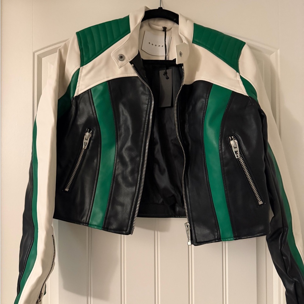 Blank NYC Black, Green, and White Leather Jacket